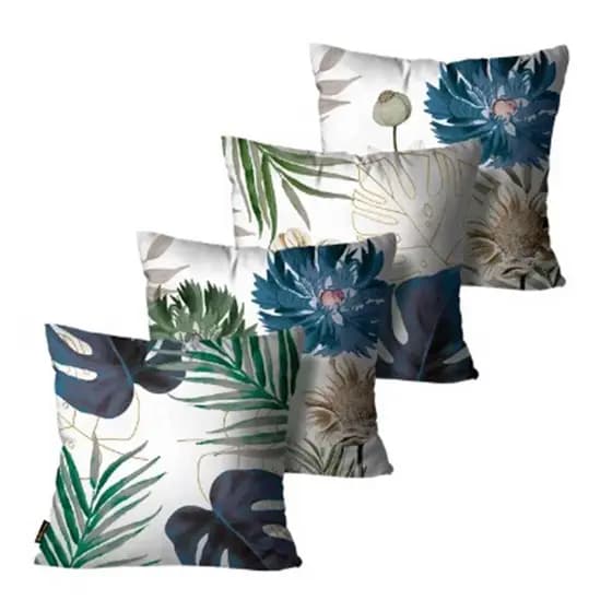 Kit com 4 Capas de Almofadas Decorativas Floral Verde e Azul - 45x45