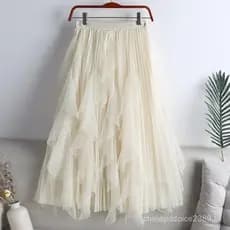 Qooth Saia Tule Mulheres Outono Lisa Cor Midi Mesh Linha A Saia FCute Cintura Alta Gaze Pregueada Longa QT1240