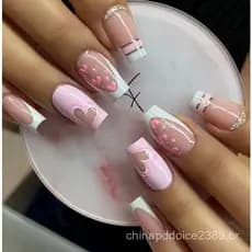 24 Peças unhas postiças decoradas realista francesinha quadrada média Com Cola Pregos Falsos Naturais Franceses Decorado