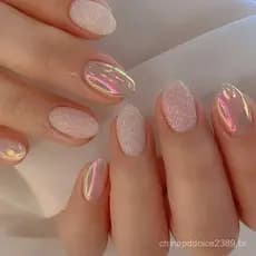 Mr.YE 24Pcs Simples Unhas Postiças com Cola Curta Amêndoa Unhas Falsas Glitter Aurora Cabeça Redonda Completa Capa de Un