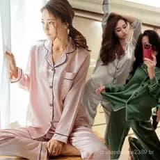 Mulheres Cetim e Seda Paju Tidur Pijama Manga Longa/Conjunto Pijama Seda 010 SS 5142