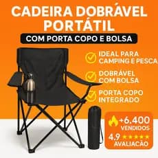 Cadeira Dobrável Portátil Camping Pesca Apoio de Braço + Porta Copo + Bolsa Transporte – Resistente e Leve