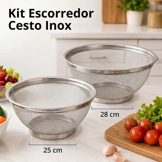 Cestas Inox Escorredor de Macarrão 25cm e 28cm Escorredor de Arroz Legumes Grande Escorredor Massa