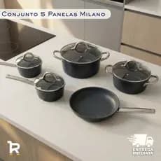 Jogo de Panelas Indução 5 Peças Revestimento Cerâmico Frigideira 24cm Cabo Inox com Tampa de Vidro