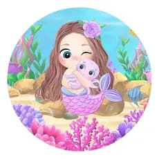 Capa Painel Redondo Festa Sereia Cute 50x50 Aniversario Mar
