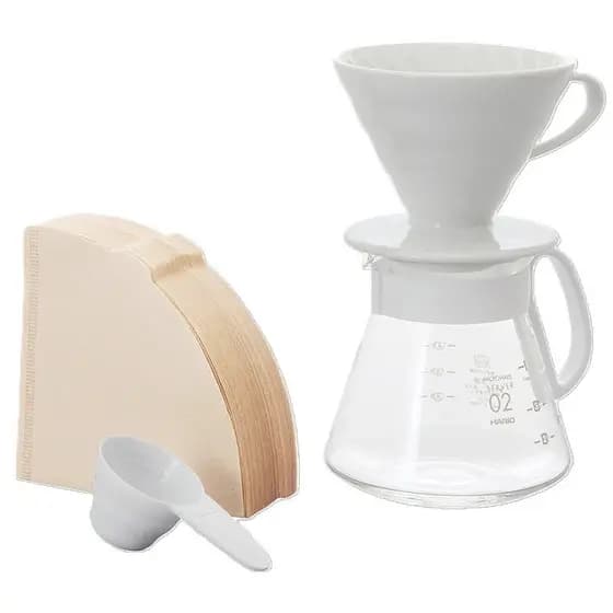 Kit Café Hario V60 Cerâmica Branco Jarra Vidro 100 Filtros