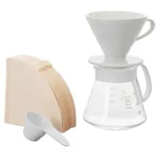Kit Café Hario V60 Cerâmica Branco Jarra Vidro 100 Filtros