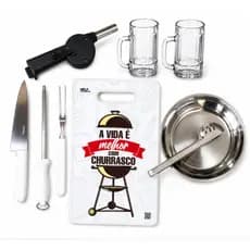 Kit Churrasco Completo Premium com Faca Garfo Tábua Assoprador Pegador Canecas e Tigela Inox