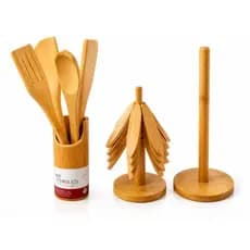 Kit Cozinha Bambu 3 Peças – Porta Utensílios + Descanso de Panela Retrátil + Suporte Porta Papel Toalha