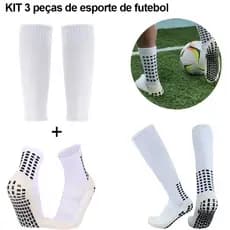 KIT 3/4 Meias elásticas de futebol para adultos + caneleiras com suporte para pernas e proteção esportiva