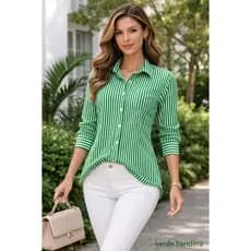 camisa feminina listrada manga longa com botão tendencia 2026