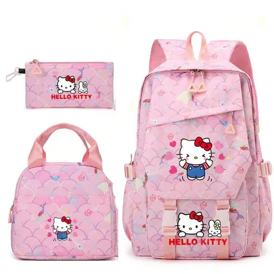 HelloKitty Bolsa escolar infantil de grande capacidade, mochila de três peças, estojo para lápis, lancheira, mochila fof