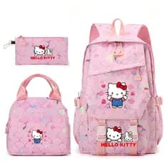 HelloKitty Bolsa escolar infantil de grande capacidade, mochila de três peças, estojo para lápis, lancheira, mochila fof