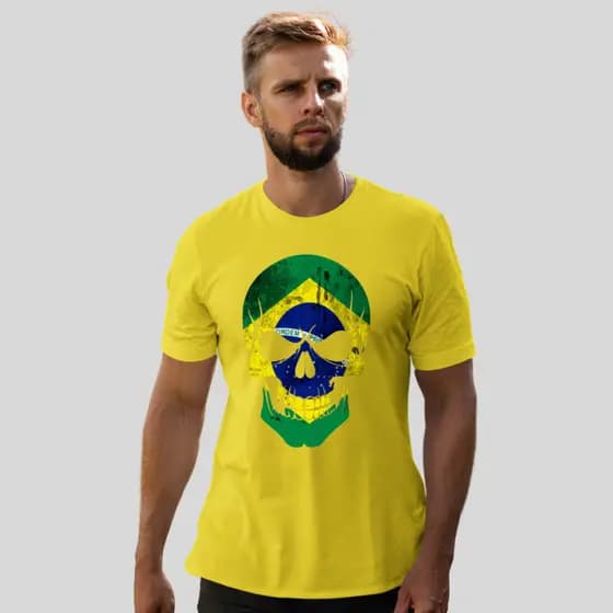 Camiseta Amarela Brasil Estampada Caveira Eleição Copa Passeata Lançamento
