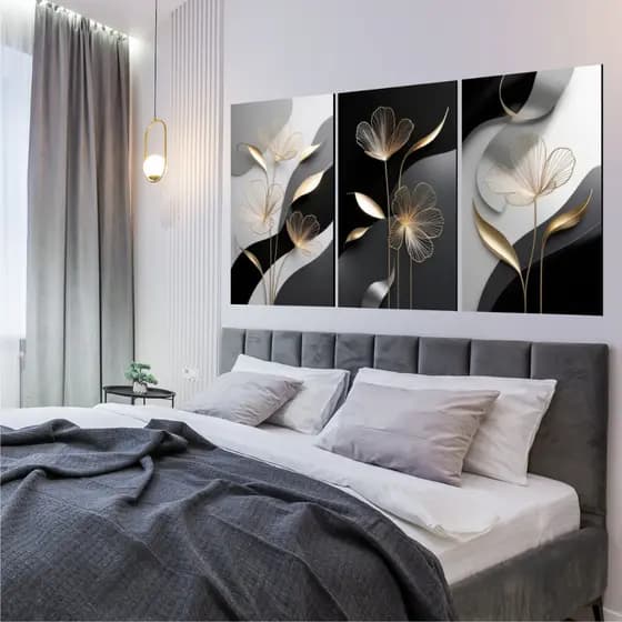 Quadro Decorativo Flor Preta Gold Flores Pintura Quarto Sala