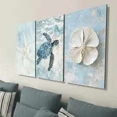 Kit 3 Quadros Animais Marinhos Estrela-do-mar e Tartaruga, Pintura Náutica e Costeira, Praia Azul Sala Estar e Quarto