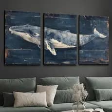 Kit 3 Quadros Abstrata Baleia Azul e Vida Marinha Costeira Moderna para Sala de Estar, Quarto, Escritório, Natureza