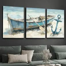 Trio de Quadros Estilo Náutico, Arte em Tela Barco e Mar, Decoração Marítima Moderna