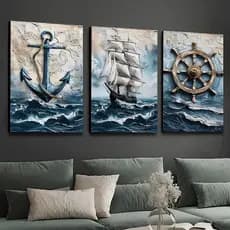 Trio Quadros Mar Azul Dourado Náutico Veleiro Âncora Arte Parede Sala Moderna Costeira