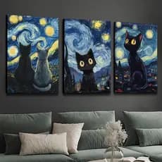 Quadro Decorativo Sala Paisagem de Gato Preto e Branco da Noite Estrelada de Van Gogh 3 Peças