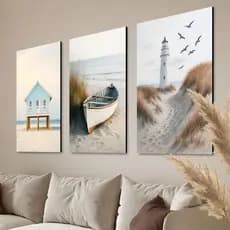 Trio de Quadros Arte Praia Minimalista, Barco e Farol, Decoração de Parede Estilo Marítimo