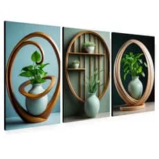 Trio de Quadros Arte Minimalista Vasos e Molduras Orgânicas, Decoração Moderna