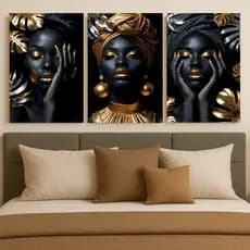 Quadros Decorativos Grande Para Salão e Sala Afro Mulher Negra Luxo Gold