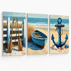 Quadros Decorativos Marítimo Trio Praia Barco Âncora Azul