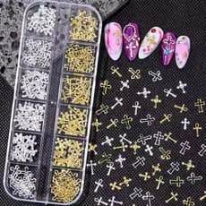 Caixa de Charms Unhas 3D Dourado Prata Estilo Retro Punk Cruz Metalica para Decorar Unhas