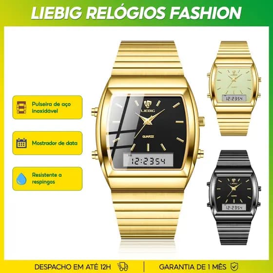 LIEBIGmoda assuntos de negócios Relógio masculino à prova d'água quadrado dourado para negócios