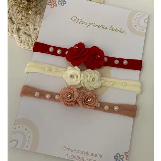 Faixinha de cabelo para bebê com flores - Faixinha para saída maternidade - Faixinha de luxo