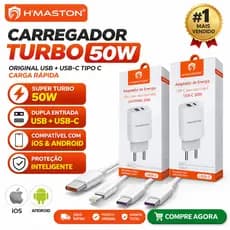 Carregador Turbo 50W Original H’Maston USB-C Tipo C Carga Rápida iPhone Android Fonte Universal
