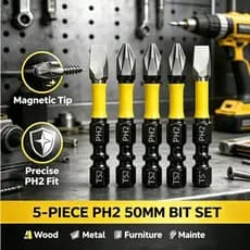 Kit 5 Bits Magnéticos PH2 50mm - Aço Reforçado para Parafusadeira de Impacto