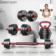 Kit de Treino Funcional 10/15/20kg Halteres Barra Supino Kettlebell Preto