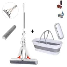 Kit Rodo Mop Flat Seca + Balde Retratil Para Limpeza Cores Diversas Bestlu