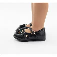 Sapatilha Infantil feminina Preta com Flores Aplicadas e Detalhes Brilhantes