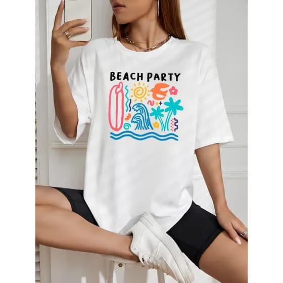 Blusa Feminina Beach Party 100% Algodão Premium T-Shirt Moda Gringa Camiseta Praiana