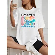 Blusa Feminina Beach Party 100% Algodão Premium T-Shirt Moda Gringa Camiseta Praiana