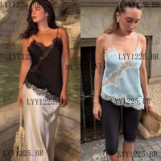 [] – Camisolas Femininas De Cetim Com Acabamento Em Renda E Decote V , Alça Espaguete , Costas Nuas , Blusas Assimétrica