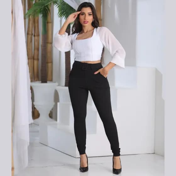Kit 3 Calça Feminina Skinny Crepe Social Cinto Cintura Alta