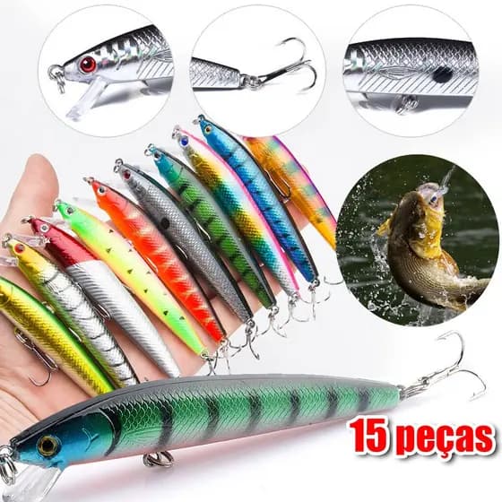 Kit 15  Iscas Artificial Meia água Premium Pesca Truta Peixe Realista Anzol Duplo 9 cm 8,5g Isca com gancho