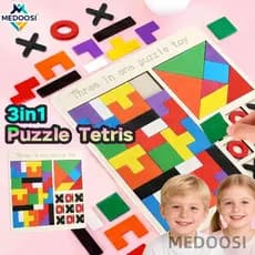MEDOOSI Tetris 3 em 1 de Madeira | Quebra-Cabeça Brinquedo Educativo com Colorido Tangram e Jogo da Velha para Crianças