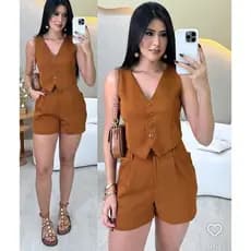 CONJUNTO FEMININ0 COLETE + SHORTS  MODA CASUAL E ELEGANTE 2026