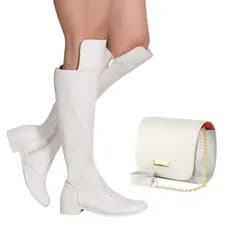 Bota Over Feminina Salto Baixo Com Ziper Cano Alto Longo + Bolsa Feminina