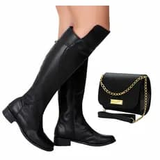 Bota Feminina Cano Alto Over The Knee Salto Alto Bico Redondo + Bolsa Feminina