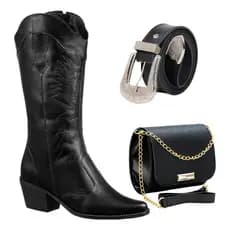 Bota Texana Bordada Feminina Rodeio Country Salto Médio + Cinto Rodeio + Bolsa Delicada