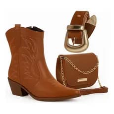 Kit Country Western Bota + Bolsa + Cinto De Presente Bota Texana Rodeio