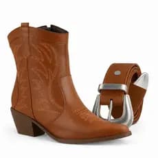 Bota Texana Feminina Cano Médio Country Bordada + Cinto Estilo Western