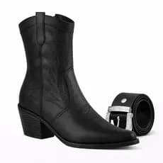 Bota Texana Feminina Cano Médio Estilo Country Western Bordada + Cinto