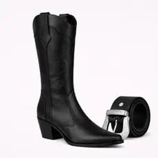 Bota Texana Feminina Country Bordada Cano Alto + Cinto Estilo Western